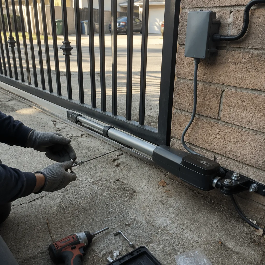 Technician performing professional electric gate motor repair and maintenance