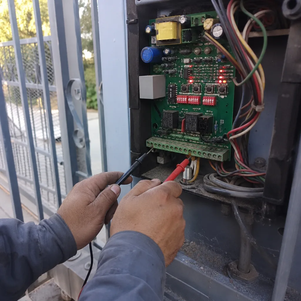 Technician using a multimeter to repair an electric gate control panel