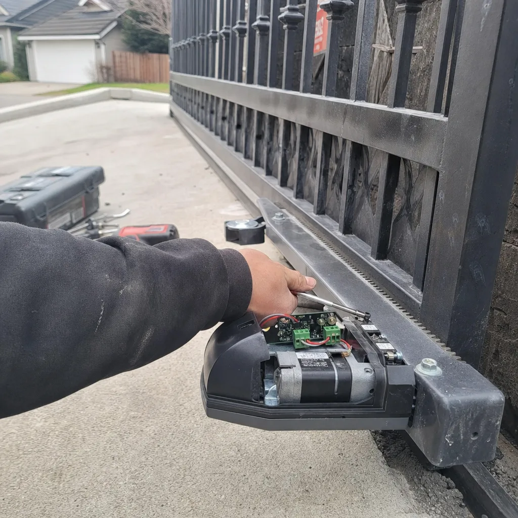 Technician performing maintenance on an electric sliding gate motor