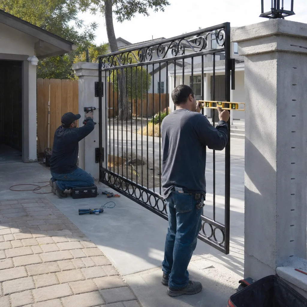 Two professional technicians installing and leveling a black metal residential gate