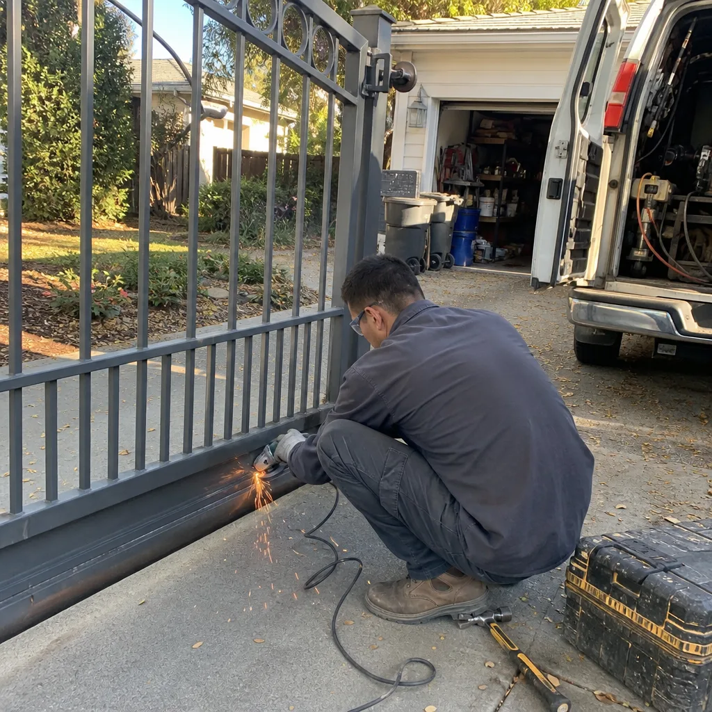 Technician using an angle grinder to perform metal gate repair services.