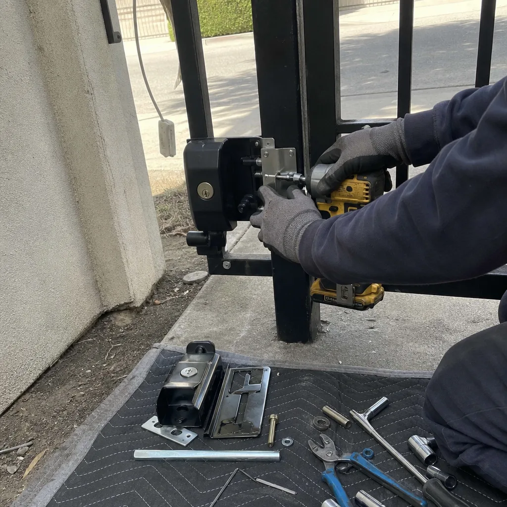 Technician using a power drill to install a metal gate lock
