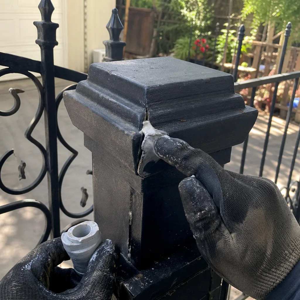 Repairing a cracked metal gate post with epoxy filler